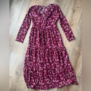 Free People Burgundy Floral Boho maxi Dress Long Sleeve Tiered Size S cottage